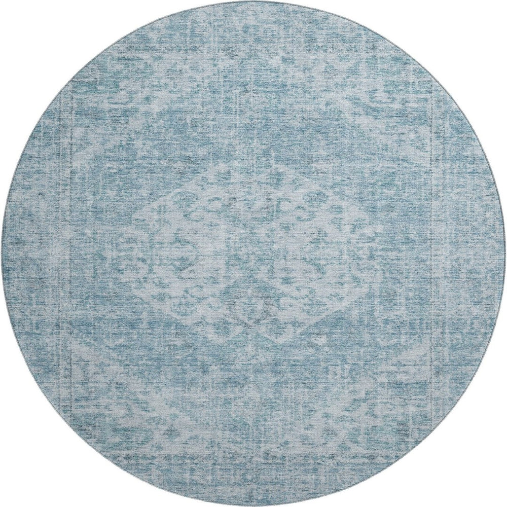HomeRoots 8' Sky Blue Medallion Round Rug - Washable, UV Protected, Durable & Perfect for High-Traffic Areas 684379