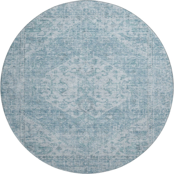 HomeRoots 8' Sky Blue Medallion Round Rug - Washable, UV Protected, Durable & Perfect for High-Traffic Areas 684379