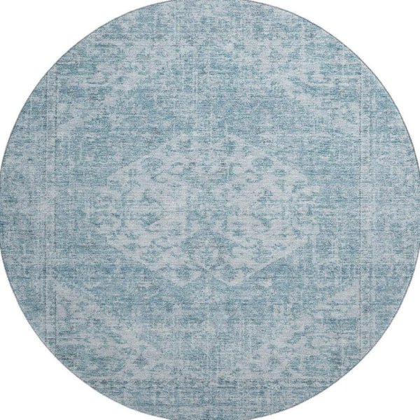HomeRoots 8' Sky Blue Medallion Round Rug - Washable, UV Protected, Durable & Perfect for High-Traffic Areas 684379
