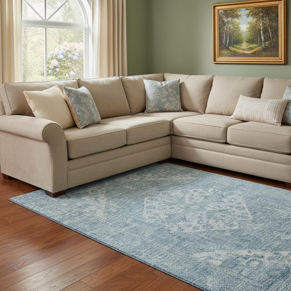 HomeRoots 8' X 10' Sky Blue and Ivory Medallion Area Rug - Washable, UV Protected Elegance for Any Room! 684380