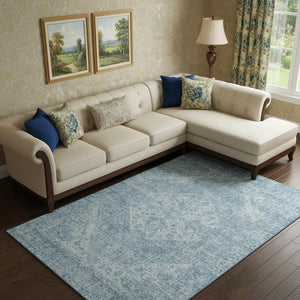 HomeRoots 9' X 12' Sky Blue & Ivory Medallion Washable Area Rug with UV Protection for Stylish Durability 684381