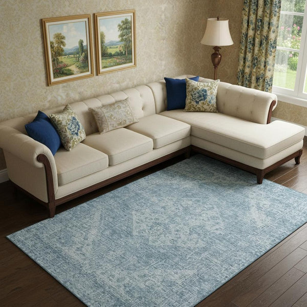 HomeRoots 9' X 12' Sky Blue & Ivory Medallion Washable Area Rug with UV Protection for Stylish Durability 684381