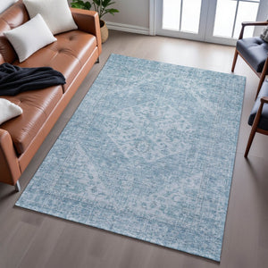 HomeRoots 9' X 12' Sky Blue & Ivory Medallion Washable Area Rug with UV Protection for Stylish Durability 684381
