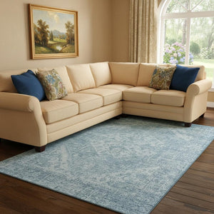 HomeRoots 10' X 14' Sky Blue Medallion Area Rug - Washable, UV Protected, Durable for Homes with Kids & Pets 684382