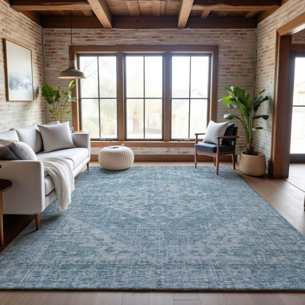 HomeRoots 10' X 14' Sky Blue Medallion Area Rug - Washable, UV Protected, Durable for Homes with Kids & Pets 684382
