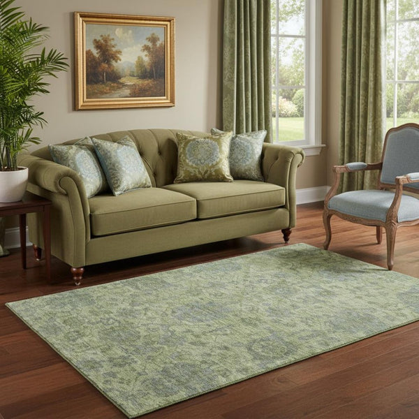 HomeRoots 5' X 8' Artichoke Green and Gray Damask Area Rug – Durable, Washable, UV-Protected for Any Room 684384