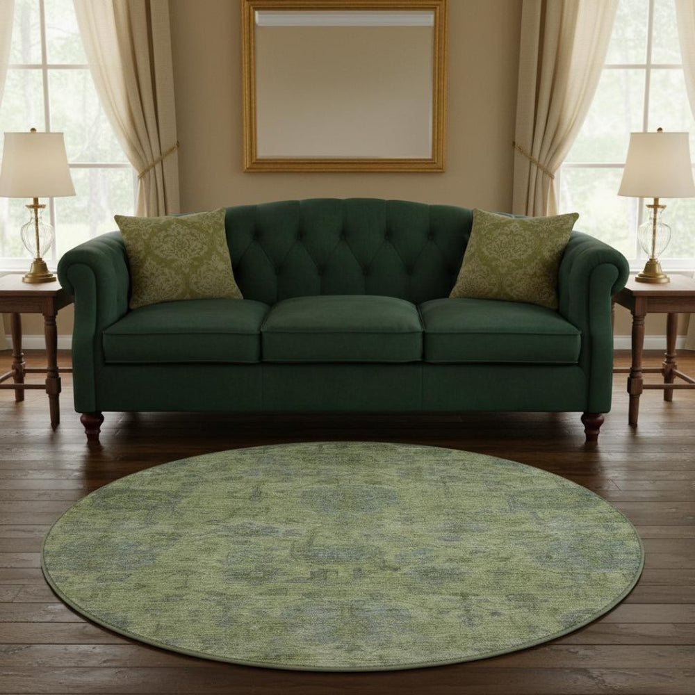 HomeRoots 8' Artichoke Green & Gray Damask Washable Round Rug with UV Protection for Family-Friendly Homes 684385