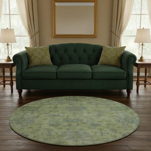 HomeRoots 8' Artichoke Green & Gray Damask Washable Round Rug with UV Protection for Family-Friendly Homes 684385