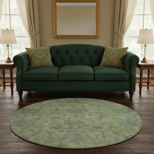 HomeRoots 8' Artichoke Green & Gray Damask Washable Round Rug with UV Protection for Family-Friendly Homes 684385