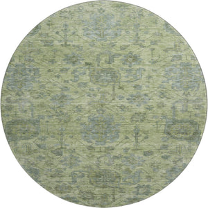 HomeRoots 8' Artichoke Green & Gray Damask Washable Round Rug with UV Protection for Family-Friendly Homes 684385