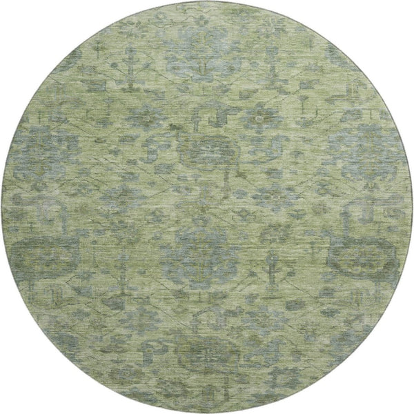 HomeRoots 8' Artichoke Green & Gray Damask Washable Round Rug with UV Protection for Family-Friendly Homes 684385