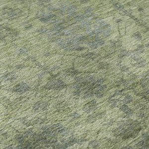 HomeRoots 8' Artichoke Green & Gray Damask Washable Round Rug with UV Protection for Family-Friendly Homes 684385