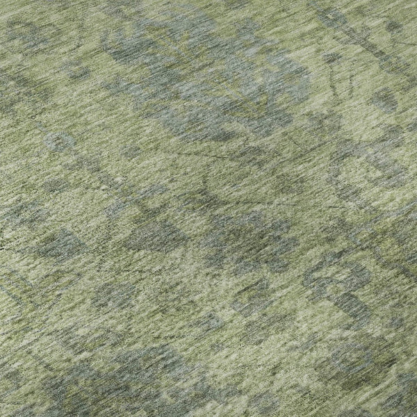 HomeRoots 8' Artichoke Green & Gray Damask Washable Round Rug with UV Protection for Family-Friendly Homes 684385