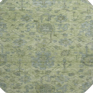 HomeRoots 8' Artichoke Green & Gray Damask Washable Round Rug with UV Protection for Family-Friendly Homes 684385