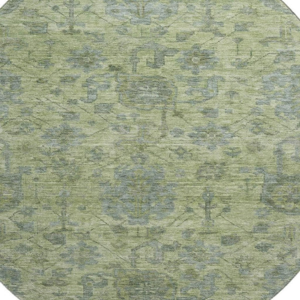HomeRoots 8' Artichoke Green & Gray Damask Washable Round Rug with UV Protection for Family-Friendly Homes 684385