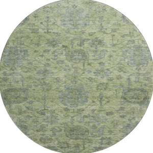 HomeRoots 8' Artichoke Green & Gray Damask Washable Round Rug with UV Protection for Family-Friendly Homes 684385