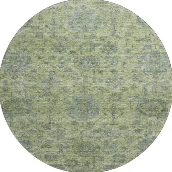 HomeRoots 8' Artichoke Green & Gray Damask Washable Round Rug with UV Protection for Family-Friendly Homes 684385