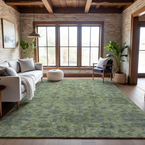 HomeRoots 9' X 12' Artichoke Green & Gray Damask Washable Area Rug – Stylish, Durable, UV-Protected Flooring Solution 684387