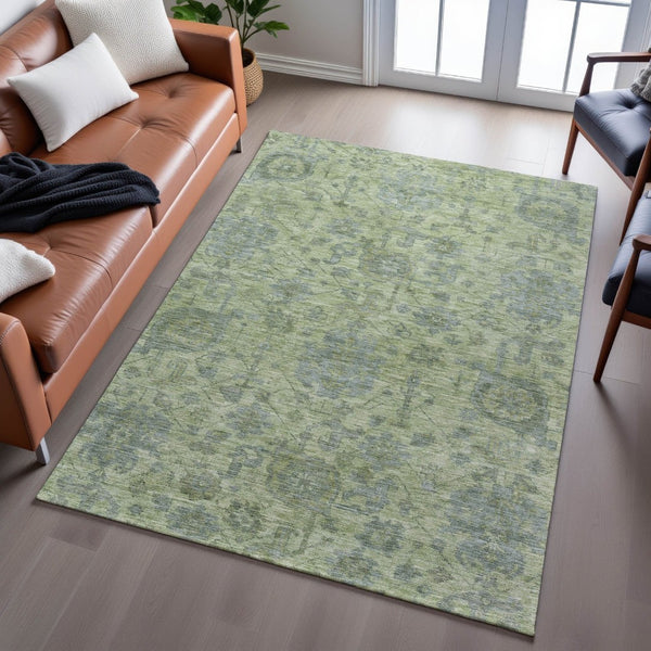HomeRoots 9' X 12' Artichoke Green & Gray Damask Washable Area Rug – Stylish, Durable, UV-Protected Flooring Solution 684387