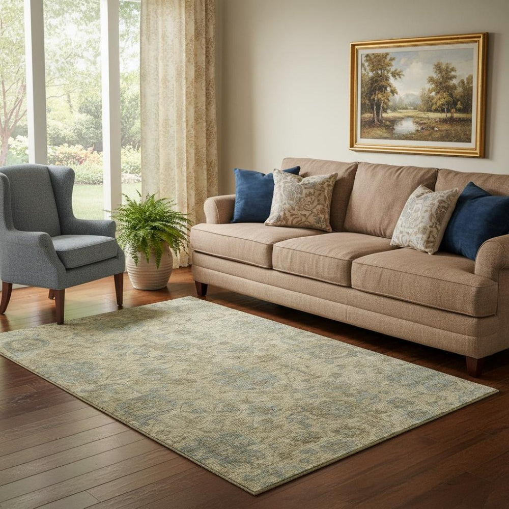 HomeRoots 5' X 8' Elegant Beige and Gray Damask Area Rug - Washable, Stain-Resistant, UV Protected Design 684390