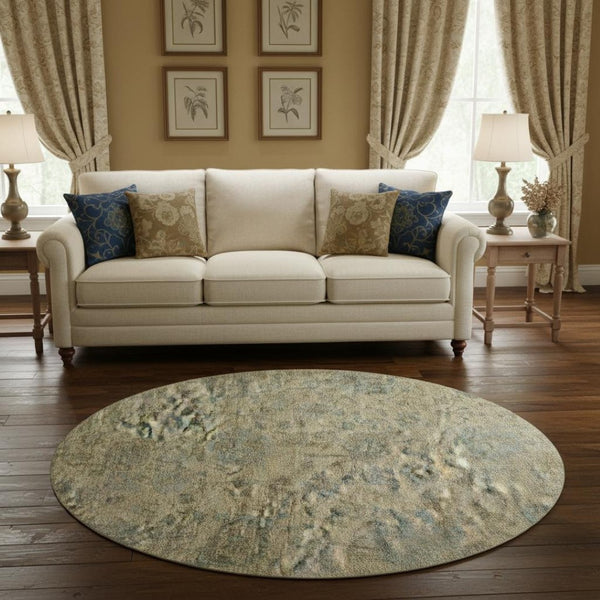 HomeRoots 8' Beige and Gray Damask Washable Round Rug – Stylish, Durable, UV-Protected for Busy Homes! 684391