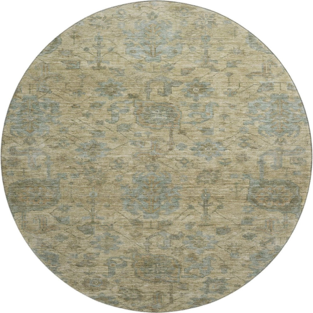 HomeRoots 8' Beige and Gray Damask Washable Round Rug – Stylish, Durable, UV-Protected for Busy Homes! 684391