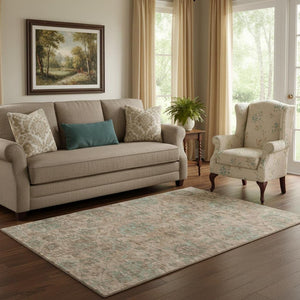 HomeRoots 5' X 8' Coral and Gray Damask Area Rug – Stylish, Washable, Stain-Resistant with UV Protection! 684396