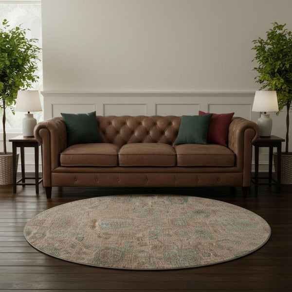HomeRoots 8' Elegant Coral and Gray Damask Round Rug - Durable, Stain-Resistant, UV Protected for Any Space 684397