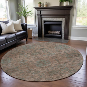 HomeRoots 8' Elegant Coral and Gray Damask Round Rug - Durable, Stain-Resistant, UV Protected for Any Space 684397