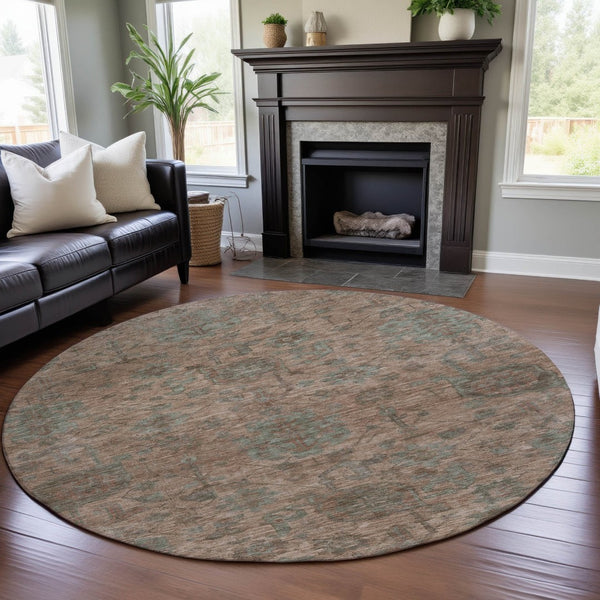 HomeRoots 8' Elegant Coral and Gray Damask Round Rug - Durable, Stain-Resistant, UV Protected for Any Space 684397