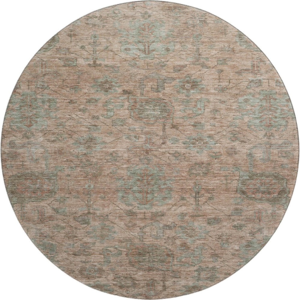 HomeRoots 8' Elegant Coral and Gray Damask Round Rug - Durable, Stain-Resistant, UV Protected for Any Space 684397