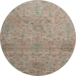 HomeRoots 8' Elegant Coral and Gray Damask Round Rug - Durable, Stain-Resistant, UV Protected for Any Space 684397