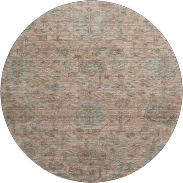 HomeRoots 8' Elegant Coral and Gray Damask Round Rug - Durable, Stain-Resistant, UV Protected for Any Space 684397