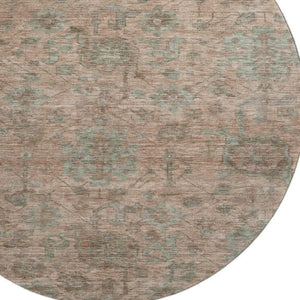 HomeRoots 8' Elegant Coral and Gray Damask Round Rug - Durable, Stain-Resistant, UV Protected for Any Space 684397