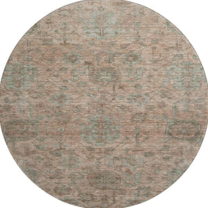 HomeRoots 8' Elegant Coral and Gray Damask Round Rug - Durable, Stain-Resistant, UV Protected for Any Space 684397