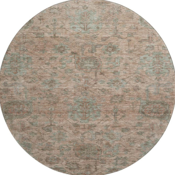 HomeRoots 8' Elegant Coral and Gray Damask Round Rug - Durable, Stain-Resistant, UV Protected for Any Space 684397