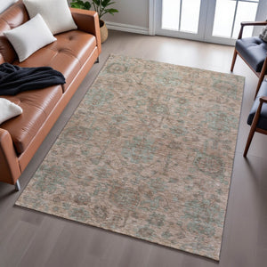 HomeRoots 9' Coral and Gray Damask Area Rug – Washable, UV Protected, Stain Resistant for Home & Patio Use 684399