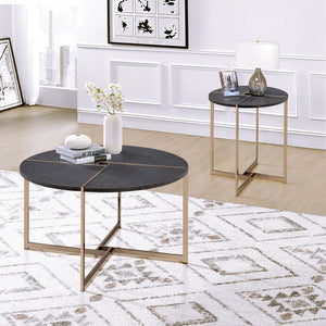 English Elm Black Black and Champagne Round End Table with Smooth 2/3 Drawer Extension, Metal Legs, Durable Finish B062P186400