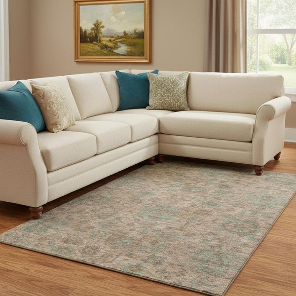 HomeRoots 10' X 14' Coral & Gray Damask Area Rug - Stylish, Washable, UV-Protected for Family Living Spaces 684400
