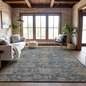 HomeRoots 5' X 8' Denim Blue, Rust & Beige Damask Area Rug – Stylish, Stain-Resistant & UV Protected Design 684402