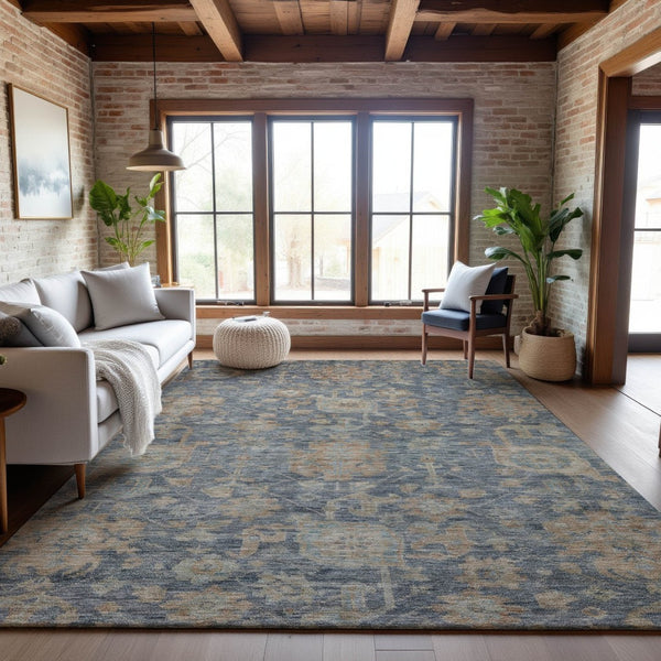 HomeRoots 5' X 8' Denim Blue, Rust & Beige Damask Area Rug – Stylish, Stain-Resistant & UV Protected Design 684402