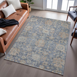 HomeRoots 5' X 8' Denim Blue, Rust & Beige Damask Area Rug – Stylish, Stain-Resistant & UV Protected Design 684402