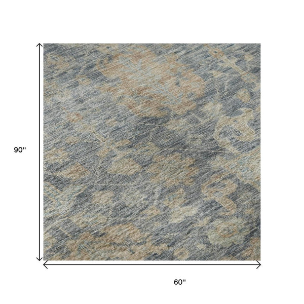 HomeRoots 5' X 8' Denim Blue, Rust & Beige Damask Area Rug – Stylish, Stain-Resistant & UV Protected Design 684402