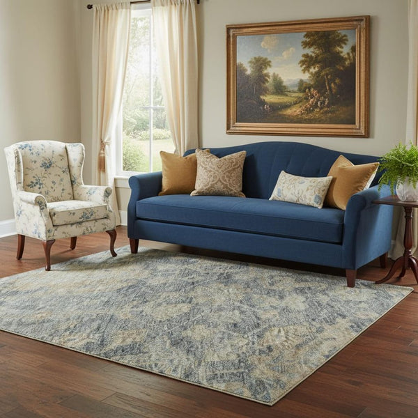 HomeRoots 5' X 8' Denim Blue, Rust & Beige Damask Area Rug – Stylish, Stain-Resistant & UV Protected Design 684402