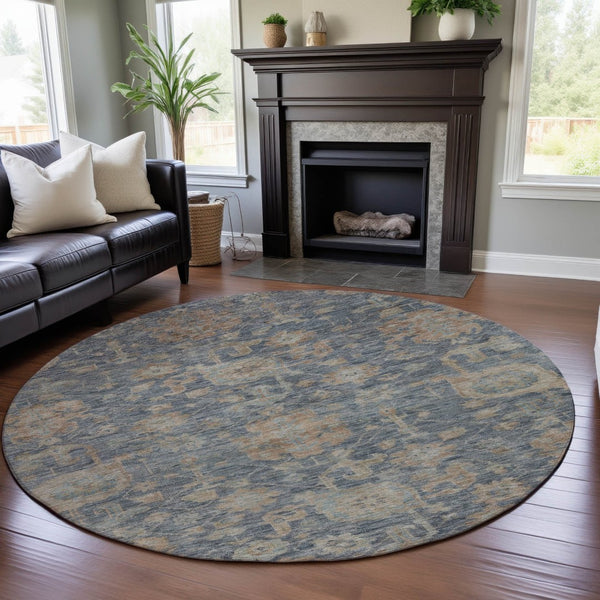 HomeRoots 8' Washable Round Rug in Denim Blue, Rust & Beige Damask – UV Protected, Stain Resistant Beauty! 684403