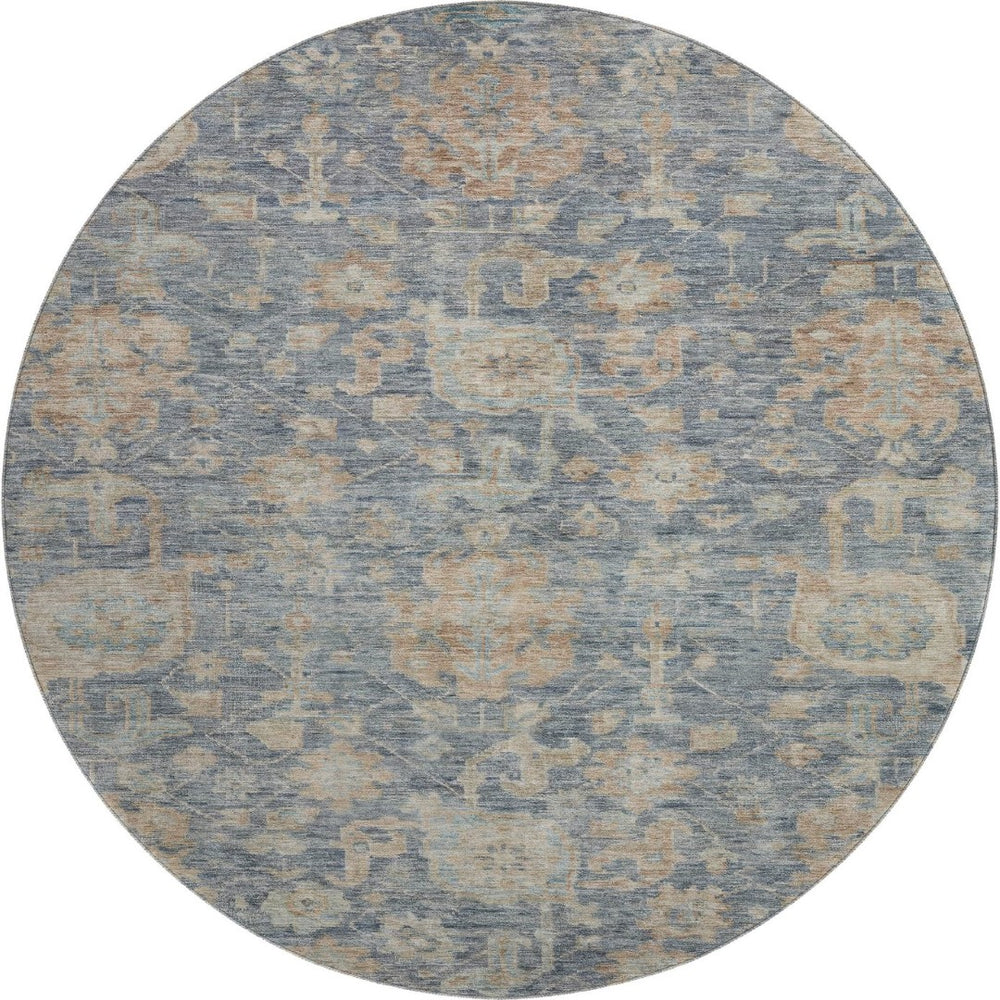 HomeRoots 8' Washable Round Rug in Denim Blue, Rust & Beige Damask – UV Protected, Stain Resistant Beauty! 684403