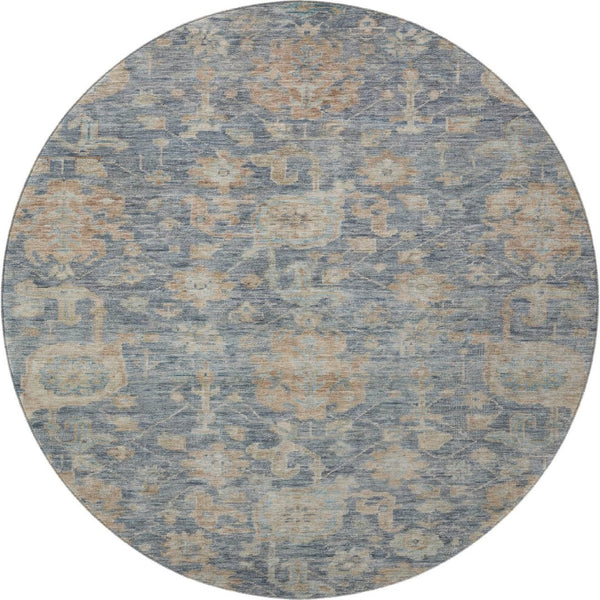 HomeRoots 8' Washable Round Rug in Denim Blue, Rust & Beige Damask – UV Protected, Stain Resistant Beauty! 684403