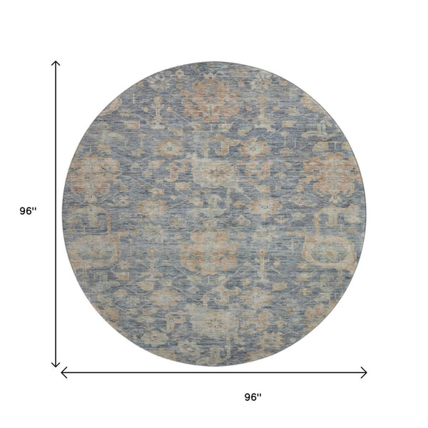 HomeRoots 8' Washable Round Rug in Denim Blue, Rust & Beige Damask – UV Protected, Stain Resistant Beauty! 684403