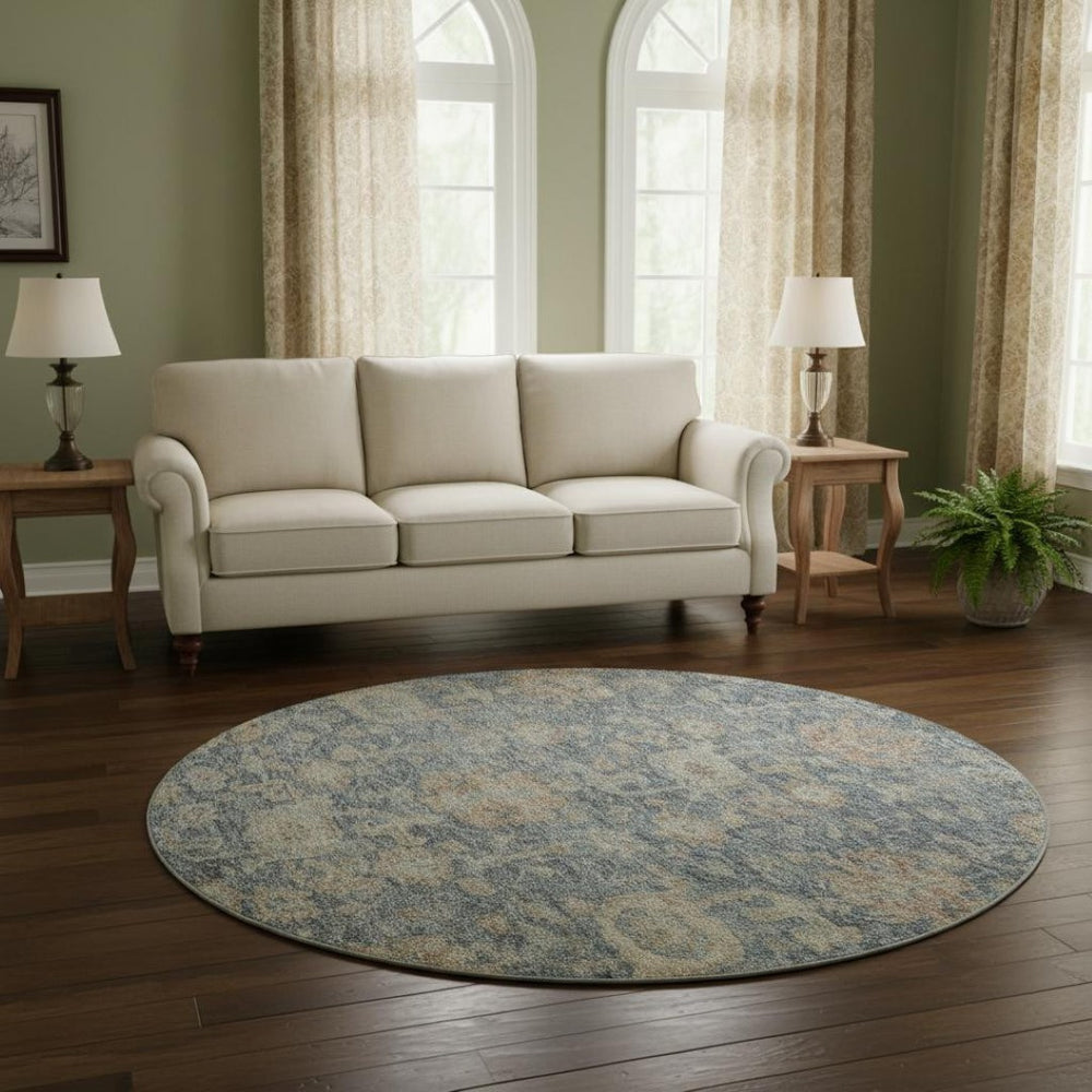 HomeRoots 8' Washable Round Rug in Denim Blue, Rust & Beige Damask – UV Protected, Stain Resistant Beauty! 684403