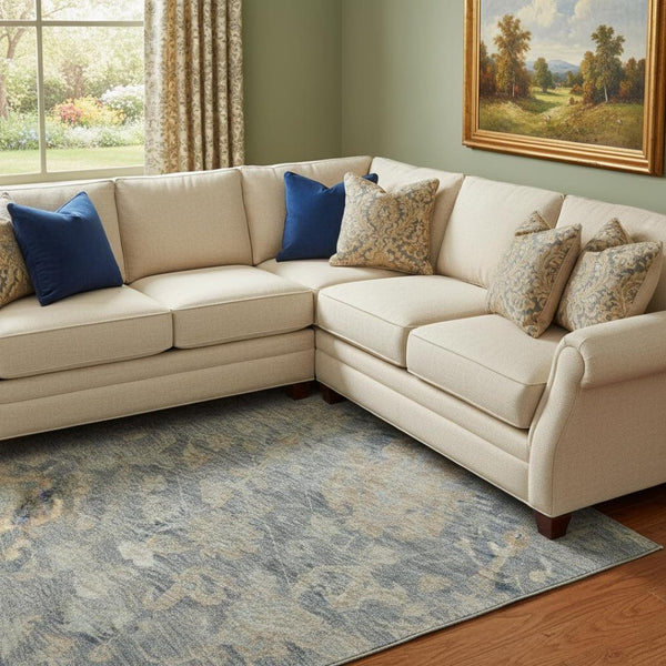 HomeRoots 8' X 10' Denim Blue Damask Area Rug - Washable, UV-Protected, Stain Resistant for Family Homes 684404